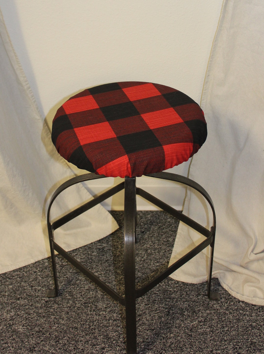Round Barstool Cover With Cushioned Foam Elasticized, Black and Red Buffalo Check Fabric Kitchen