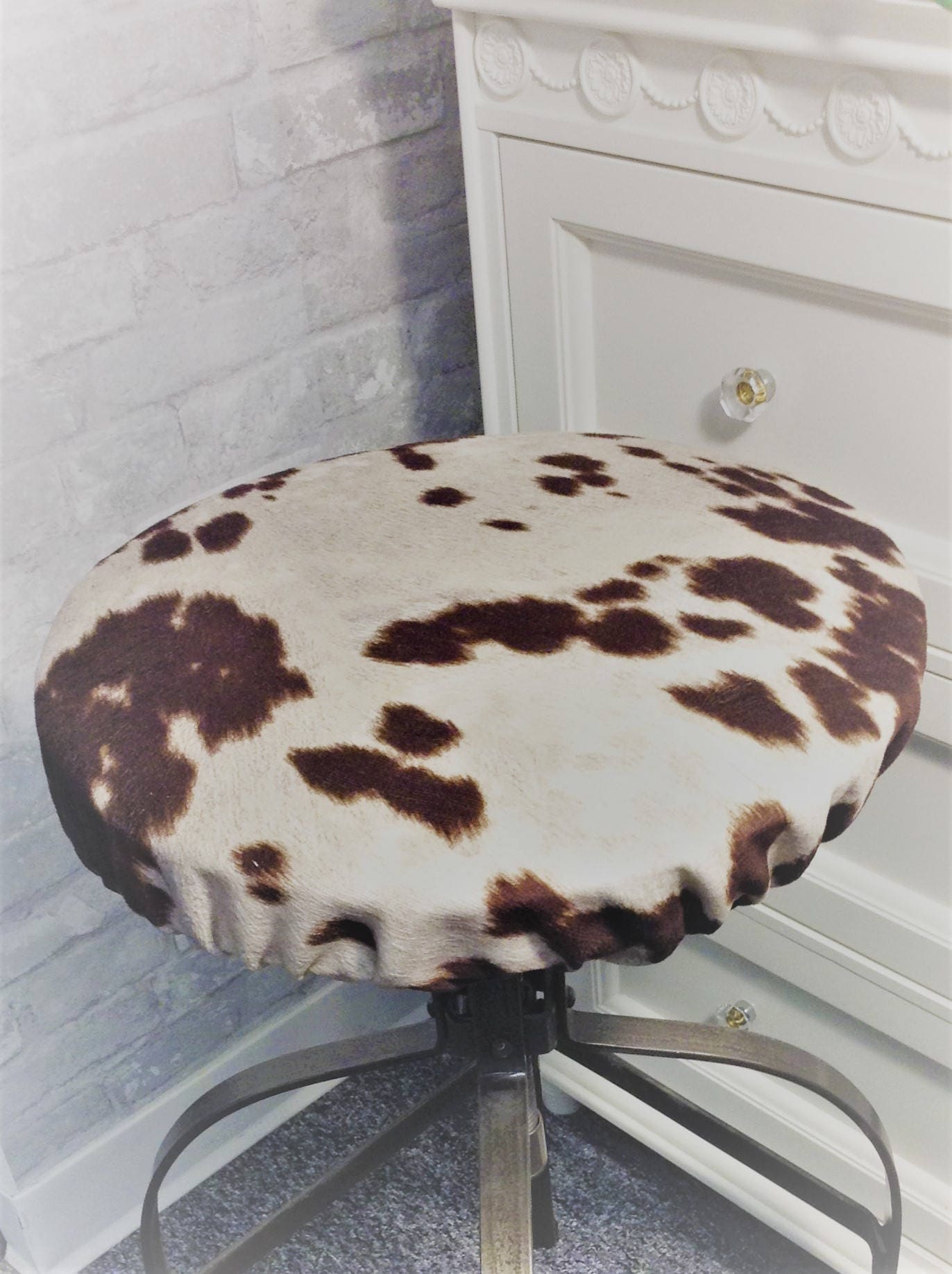 Rustic Cow Print Round Bar Stool Cover Kitchen Stool Slipcover Farmhouse Chic Covers Fit Round Backless Stool Udder Madness Brown Etsy