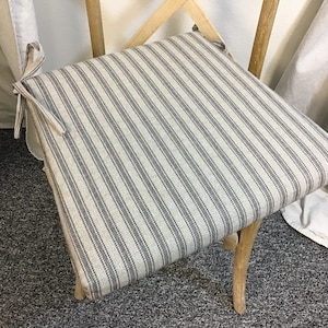 Black Ticking Stripe Chair Cushions, Rustic stool seat cushion, Hayes Denton seat pad, Replacement Cushion 18&quot; double ties at corner