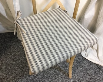 Black Ticking Stripe Chair Cushions, Rustic stool seat cushion, Hayes Denton seat pad, Replacement Cushion 18" double ties at corner