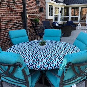 Round Outdoor Fitted Tablecloth. Soil and Stain Resistant. Washable., Optional elastic or drawstring.  Fabric selections available
