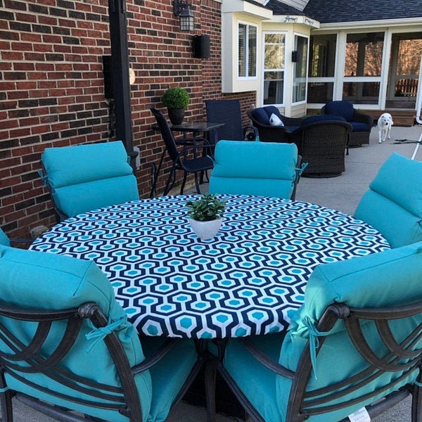 Round Outdoor Fitted Tablecloth. Soil and Stain Resistant. Washable., Optional elastic or drawstring.  Fabric selections available