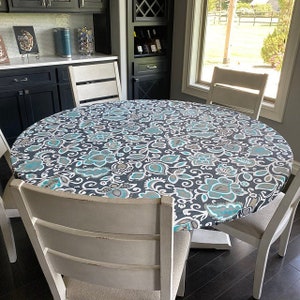 Round Indoor or Outdoor Use Fitted Tablecloth - Soil and Stain Resistant - Water repellent - Wipeable -Drawstring - Colorful fabric options