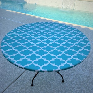 Round Outdoor Fitted Tablecloth. Soil and Stain Resistant. Washable. Optional elastic or drawstring