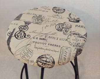 Round barstool cover with cushioned foam Elasticized, French Stamp Onyx on Cream kitchen stool padded cover 12" to 20" diameter