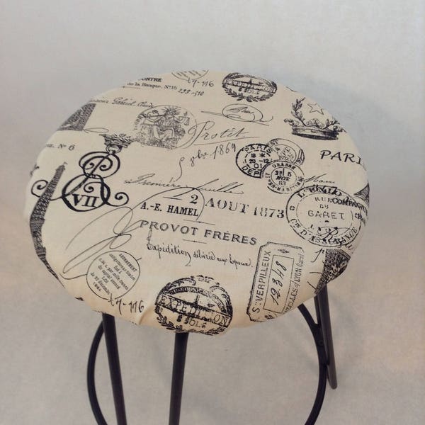 Round barstool cover with cushioned foam Elasticized, French Stamp Onyx on Cream kitchen stool padded cover 12" to 20" diameter