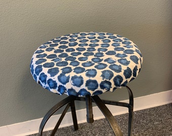 Round barstool cover with cushioned foam Elasticized  kitchen stool padded cover Freedom Prussian Blue and White Fabric