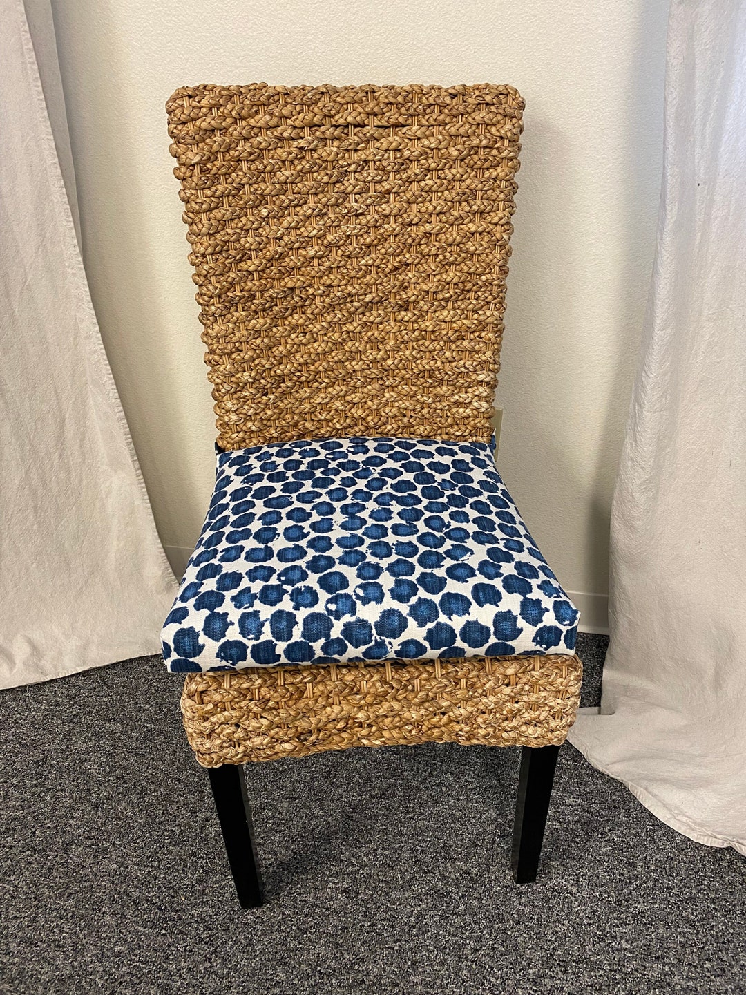 Rattan Replacement Cushion Wicker Chair Cushions seagrass Chair Pads kubo Chair Cushion long Ties freedom Prussian Blue White Slub Linen Etsy