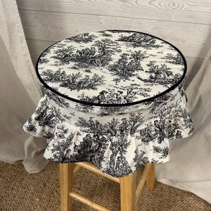 Round skirted barstool seat cover with piping and skirt in washable Toile black and white fabric - grand millenia home decor - ruffled skirt