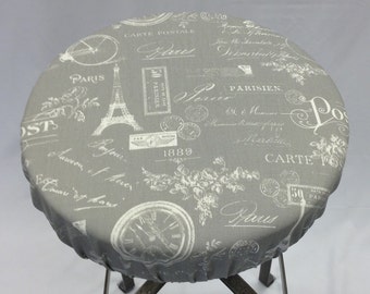 Paris Print Barstool Cover: Gray & White Elasticized Cotton Seat