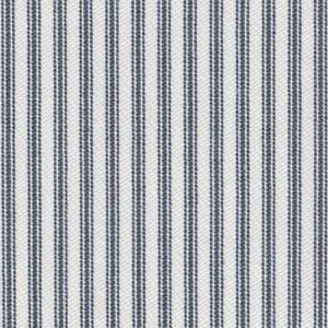 May include: A textile fabric featuring a repeating pattern of vertical stripes in dark navy blue and white. The design consists of thin, dark blue lines alternating with wider white bands, creating a consistent, linear, and textured appearance.