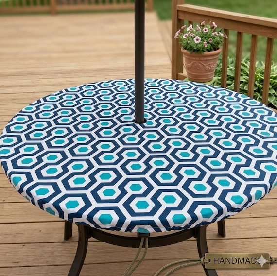 fitted patio table cover with umbrella hole 60" x 84" Nautical Tablecloth & Zipper duty zipper Fitted Round Outdoor Tablecloth With