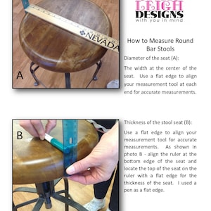 May include: How to measure the diameter and thickness of a round bar stool seat.  The image shows a wooden bar stool with a ruler measuring the diameter of the seat and a pen measuring the thickness of the seat.