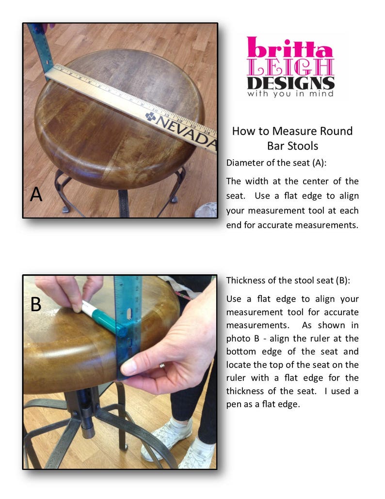 May include: How to measure the diameter and thickness of a round bar stool seat.  The image shows a wooden bar stool with a ruler measuring the diameter of the seat and a pen measuring the thickness of the seat.