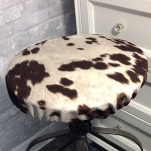 Rustic cow print round bar stool cover, kitchen stool slipcover, Farmhouse chic, covers fit round backless stool - Udder Madness Brown