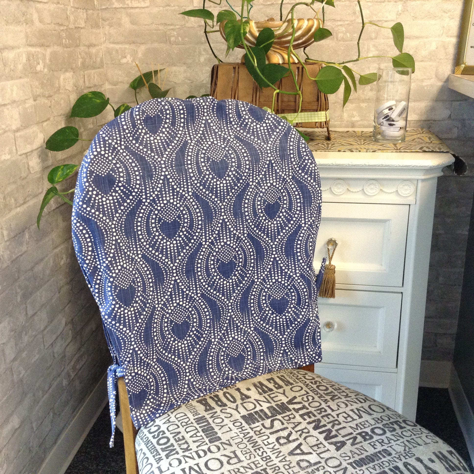 Chair Back Cover Alysa Regal Navy Slub Canvas Fabric Rounded Etsy