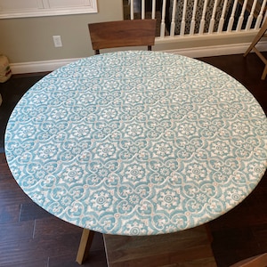 Round indoor/Outdoor Fitted Tablecloth. Soil and Stain Resistant. Washable. elastic or drawstring.  Athens Aqua Fabric 100 percent Polyester