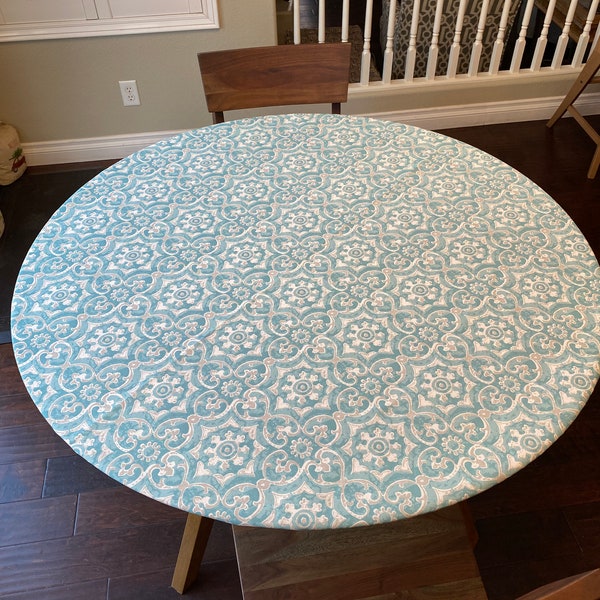 Round indoor/Outdoor Fitted Tablecloth. Soil and Stain Resistant. Washable. elastic or drawstring.  Athens Aqua Fabric 100 percent Polyester