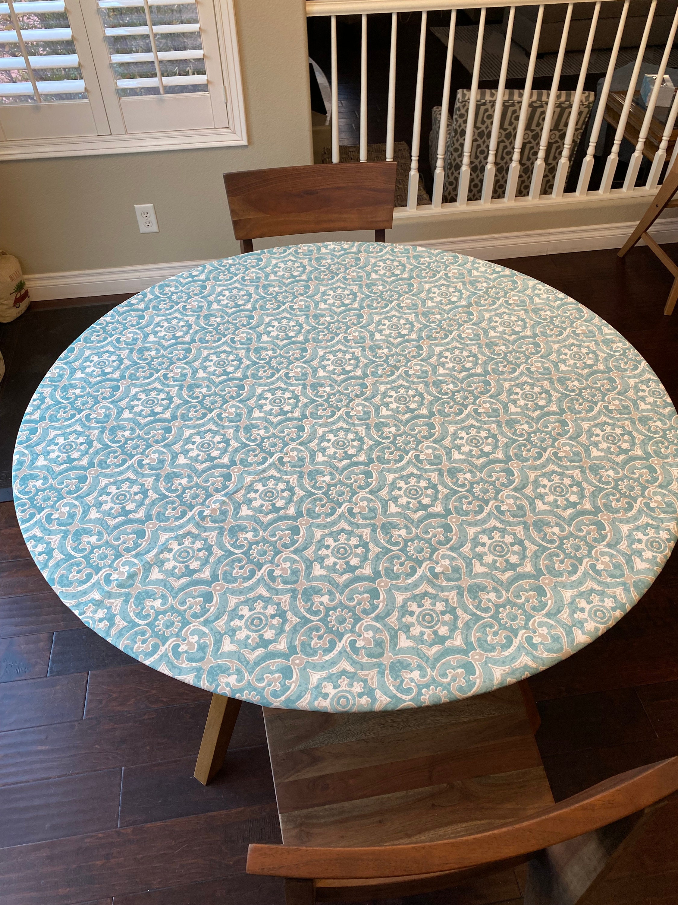Round Indoor outdoor Fitted Tablecloth. Soil and Stain Resistant. Washable. Elastic or Drawstring. Athens Aqua Fabric 100 Percent Polyester Etsy