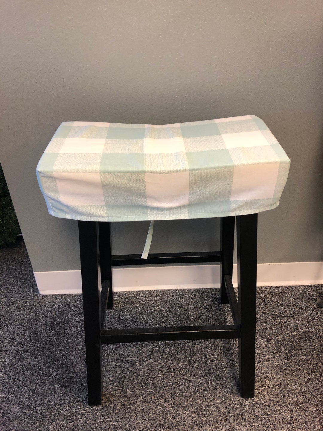 Buffalo Check Saddle Stool Cushion Cover: Light Teal & White, 17.5