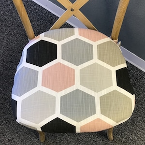 Rounded corner Chair Cushions - Mid Century Modern Cushion - 18&quot; double ties, Hexagon Blush Slub Canvas, solids and stripes