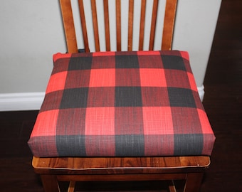 Chair Cushions Anderson Red and Black Plaid, Rustic Chair pad, counter stool seat, 18" double ties, Farmhouse Christmas