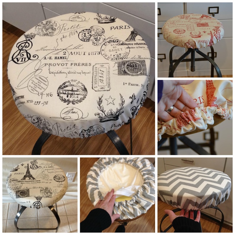 May include: Six different fabric chair seat covers. The covers are round and feature various patterns, including a black and white Parisian theme, a red and white Eiffel Tower design, a grey and white chevron pattern, and a black and white striped pattern.