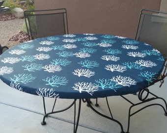 Round fitted tablecloth in Isadella Navy Teal and White outdoor fabric - indoor or outdoor use table cover - optional elastic or drawstring