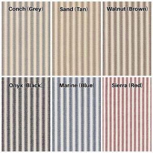 May include: A grid of six fabric swatches featuring a vertical ticking stripe pattern. The color options are labeled as Conch (Grey), Sand (Tan), Walnut (Brown), Onyx (Black), Marine (Blue), and Sierra (Red) against a light off-white background.