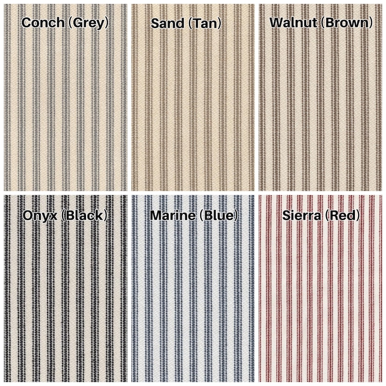 May include: A grid of six fabric swatches featuring a vertical ticking stripe pattern. The color options are labeled as Conch (Grey), Sand (Tan), Walnut (Brown), Onyx (Black), Marine (Blue), and Sierra (Red) against a light off-white background.