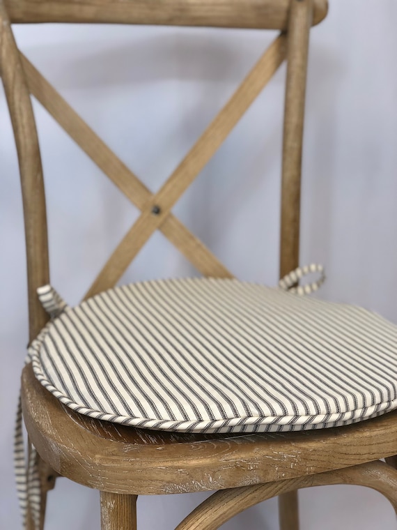 Round Bistro Cushion In French Ticking Stripe Rustic Tie Back Etsy