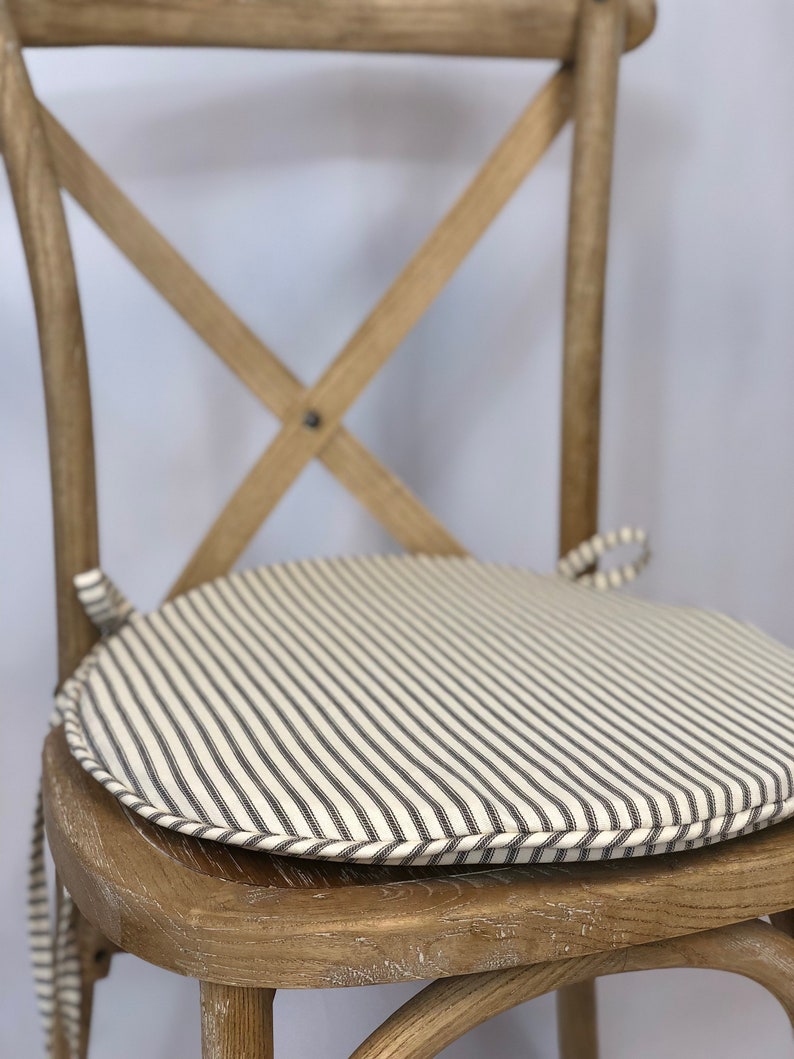 Round bistro cushion in French Ticking Stripe For Indoor Use Only Rustic Tie Back Chair Cushion Shabby Chic Cushion round chair pads image 1