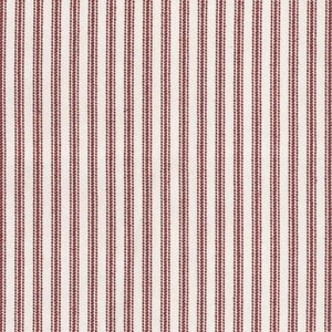 May include: A woven fabric featuring a repeating pattern of vertical stripes in deep red and off-white. The design consists of thin, solid red lines alternating with wider bands composed of multiple closely spaced, dotted red vertical lines.