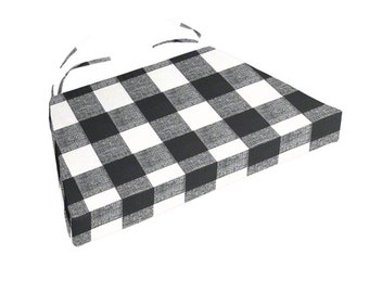 Chair Cushions Buffalo Plaid Black and White Check Fabric, Replacement Chair Cushion Rustic chair pad, 18" double ties, Chair Cushions,