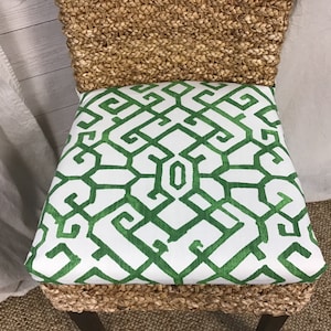 Rattan - Wicker -  Banana Leaf or Kubo Chair Cushions with 36" single wide ties in a geometric pattern Jing Courtyard Green Slub Linen