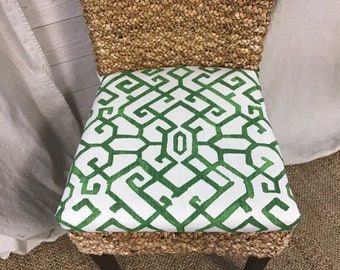 Rattan - Wicker -  Banana Leaf or Kubo Chair Cushions with 36" single wide ties in a geometric pattern Jing Courtyard Green Slub Linen