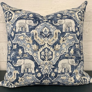 Decorative Pillow Cover, Designer sofa pillow, Blue, Beige w/ Grey Elephant Linen throw pillow with zipper, Hilary Farr Loxodonta Batik Blue