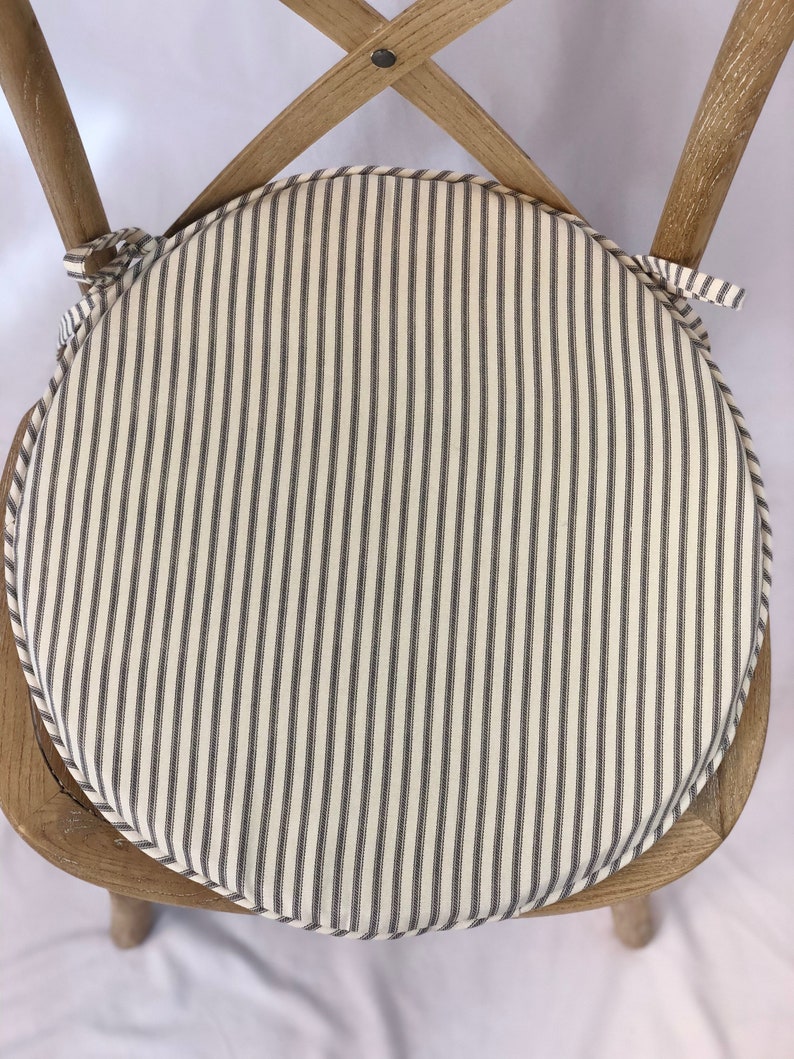 Round bistro cushion in French Ticking Stripe For Indoor Use Only Rustic Tie Back Chair Cushion Shabby Chic Cushion round chair pads image 2