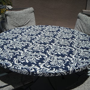 Round Fitted Tablecloth Ozbourne Deep Navy and cream fitted tablecloth, table cover, damask print, drawstring