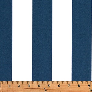 May include: White and navy blue striped fabric. The fabric has a vertical stripe pattern.