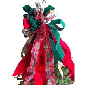 Nutcracker Christmas Tree Topper Bow, Red Velvet, Green Velvet