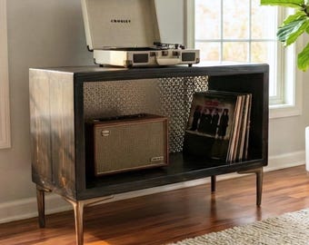 Steel and Pine Wood Media Table - Record Table Storage - Turntable Stand - Vinyl Storage