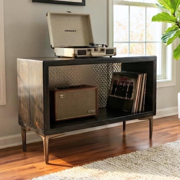 Steel and Pine Wood Media Table - Record Table Storage - Turntable Stand - Vinyl Storage