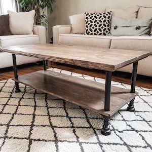 Steel and Wood Custom Edge Coffee Table with Shelf - Large Pipe