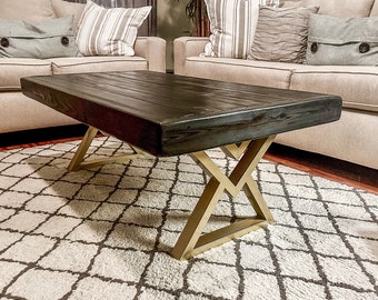 Steel and Pine Wood Weathered Coffee Table - Gold Square Steel Legs