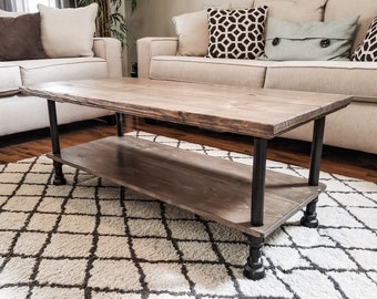 Steel and Wood Custom Edge Coffee Table with Shelf - Large Pipe