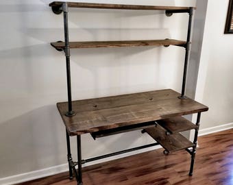 Steel and Wood Desk - Office Iron Pipe Desk with Keyboard Tray - 2 Desk Shelves and 2 Wall Shelves - Multiple Shelf