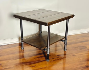 Steel and Pine Wood Side End Coffee Table with Shelf Style 2 -- Real Wood Furniture -- Farmhouse