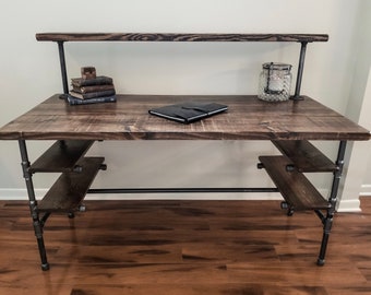 Steel and Wood Desk - Office Iron Pipe Desk with 4 Desk Shelves and Monitor Shelf - Multiple Shelf