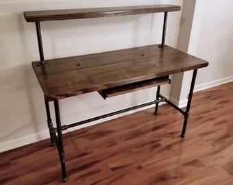 Steel and Wood Desk - Office Iron Pipe Desk with Monitor Shelf and Keyboard Tray - Shelf Height Options Listed in Description